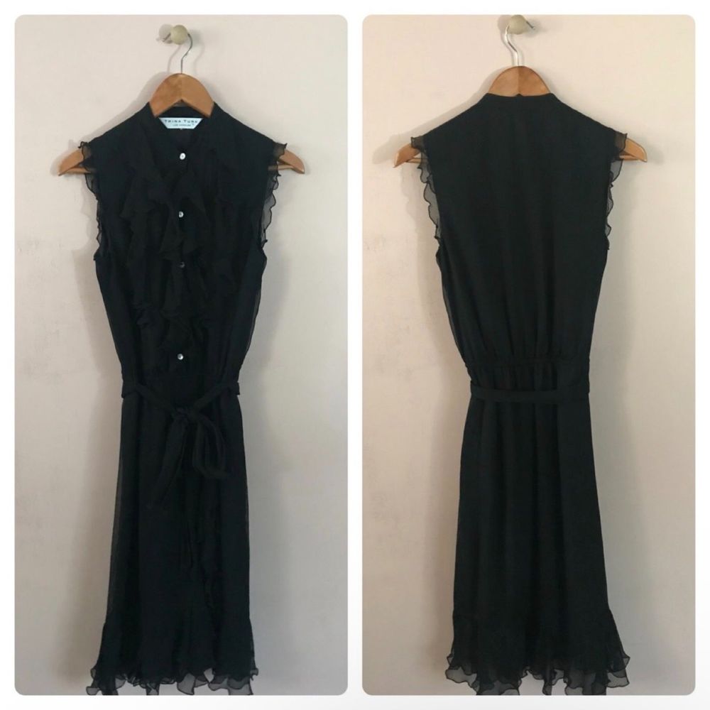 Trina Turk Silk Black Ruffled Midi Dress